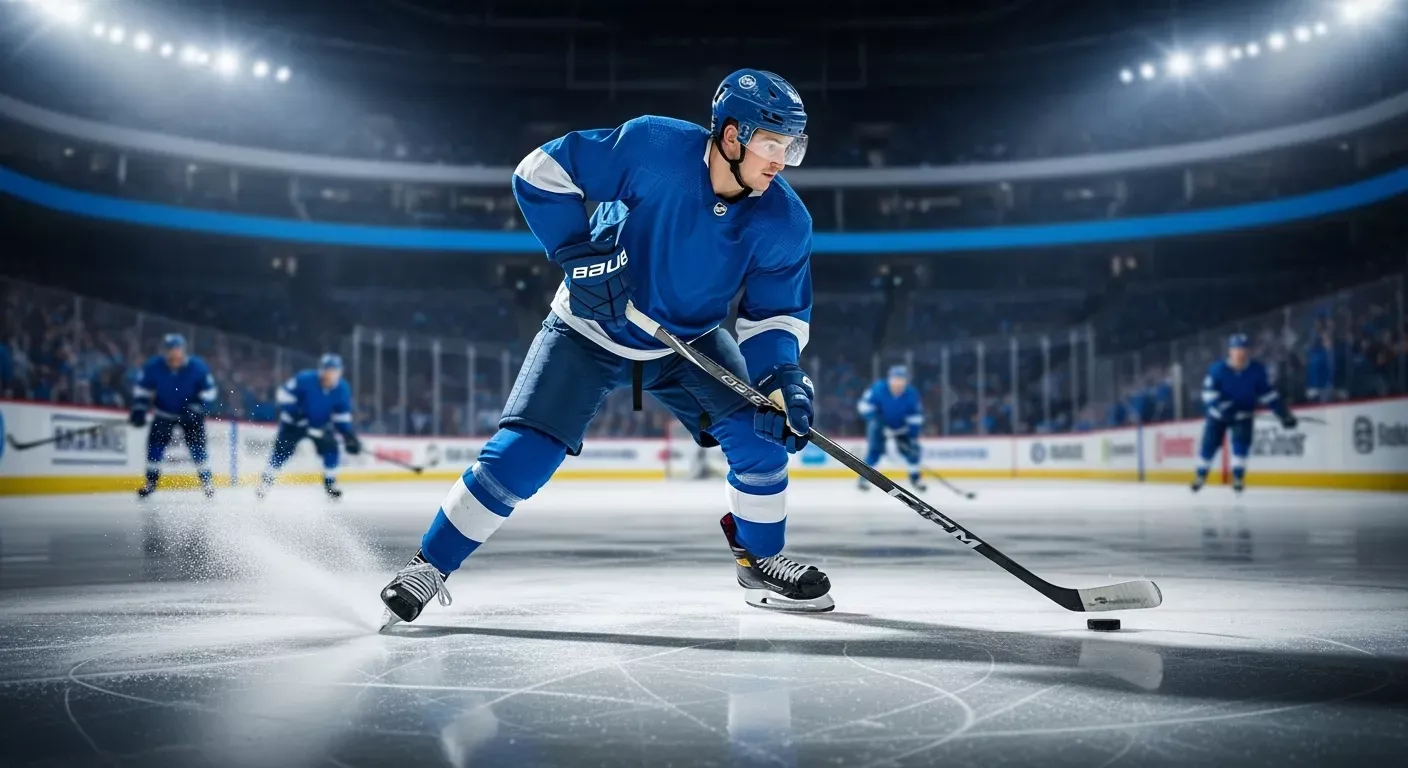 Professional hockey player wearing blue jersey